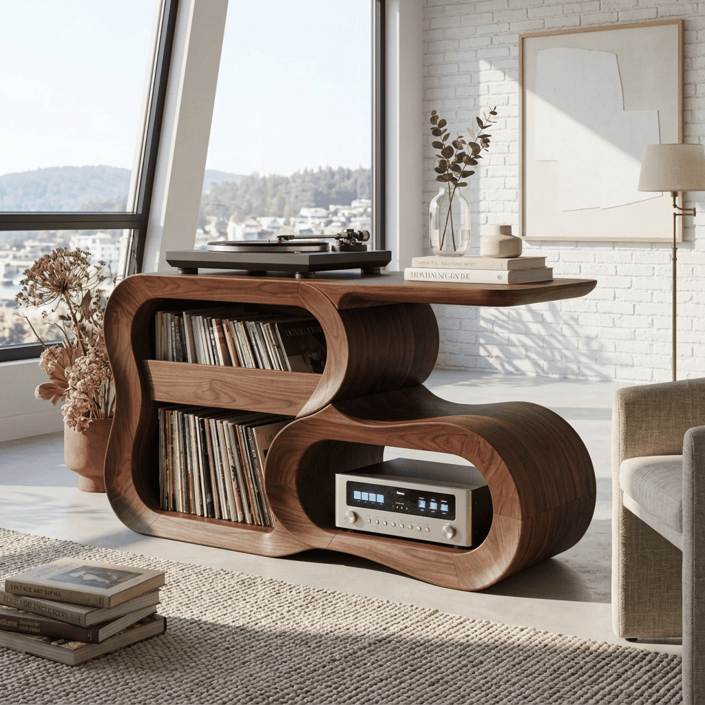 Sculptural Handcrafted S-Curve Solid Wood Vinyl Record Player Stand & Hi-Fi Media Console