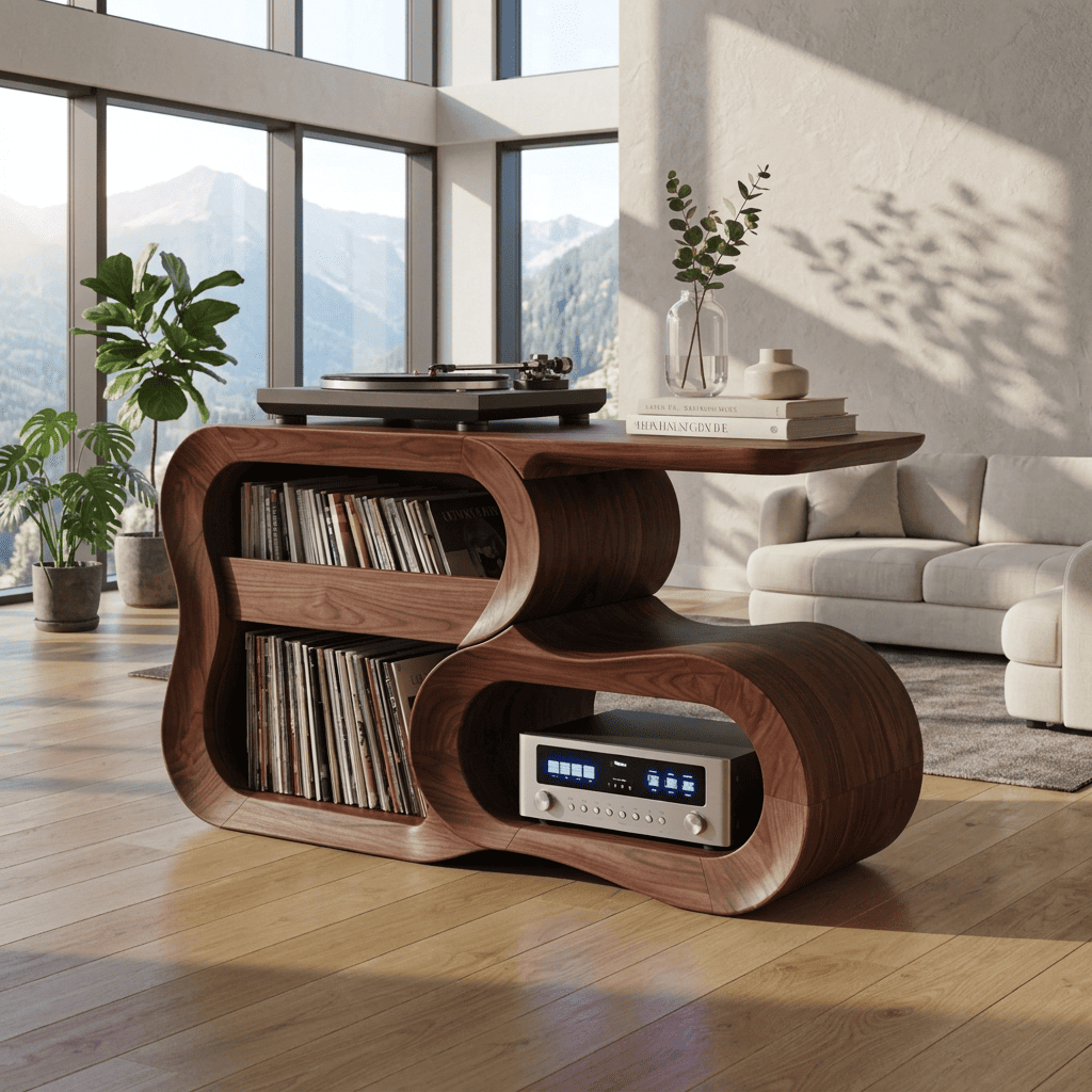 Sculptural Handcrafted S-Curve Solid Wood Vinyl Record Player Stand & Hi-Fi Media Console