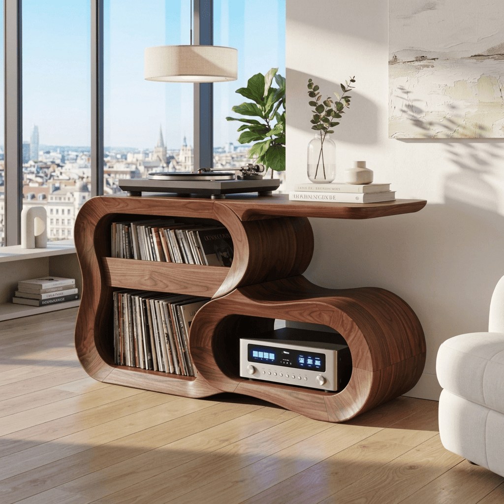 Sculptural Handcrafted S-Curve Solid Wood Vinyl Record Player Stand & Hi-Fi Media Console