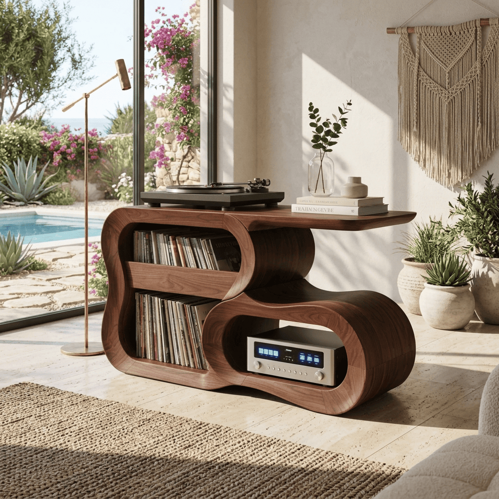 Sculptural Handcrafted S-Curve Solid Wood Vinyl Record Player Stand & Hi-Fi Media Console