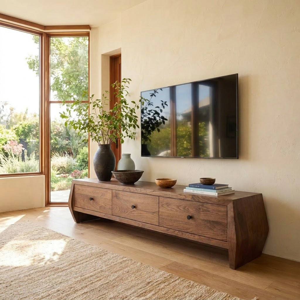Sculptural Handcrafted Solid Wood Low-Profile TV Stand & 3-Drawer Media Console