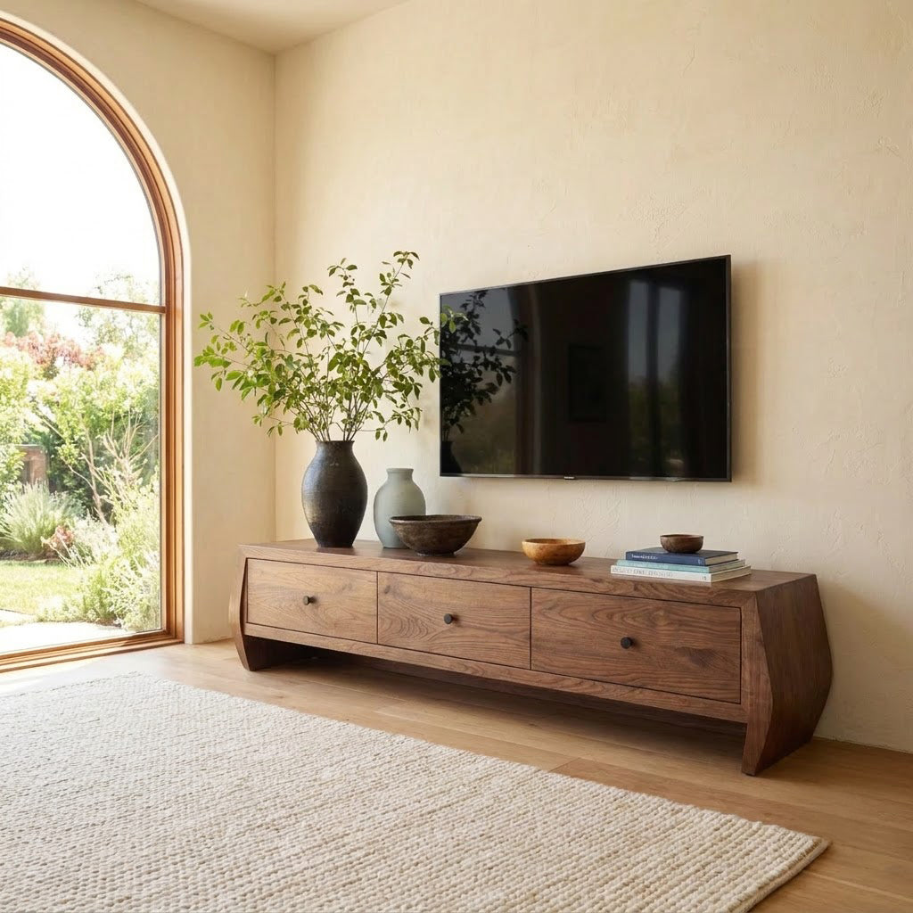 Sculptural Handcrafted Solid Wood Low-Profile TV Stand & 3-Drawer Media Console