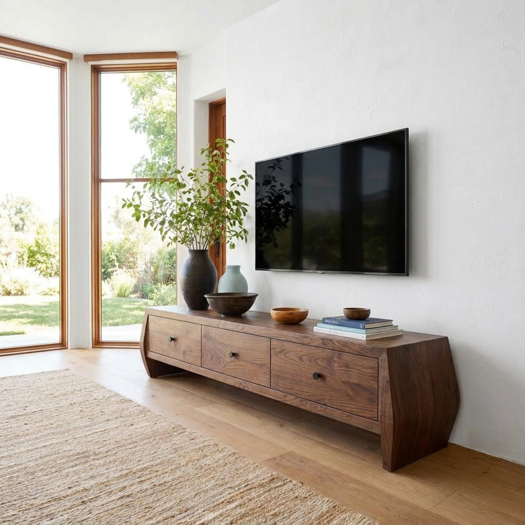 Sculptural Handcrafted Solid Wood Low-Profile TV Stand & 3-Drawer Media Console