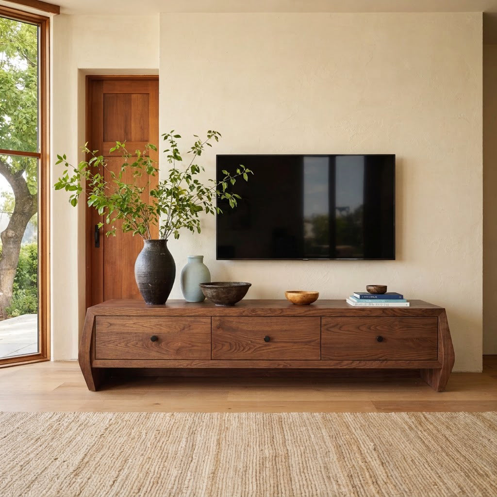 Sculptural Handcrafted Solid Wood Low-Profile TV Stand & 3-Drawer Media Console