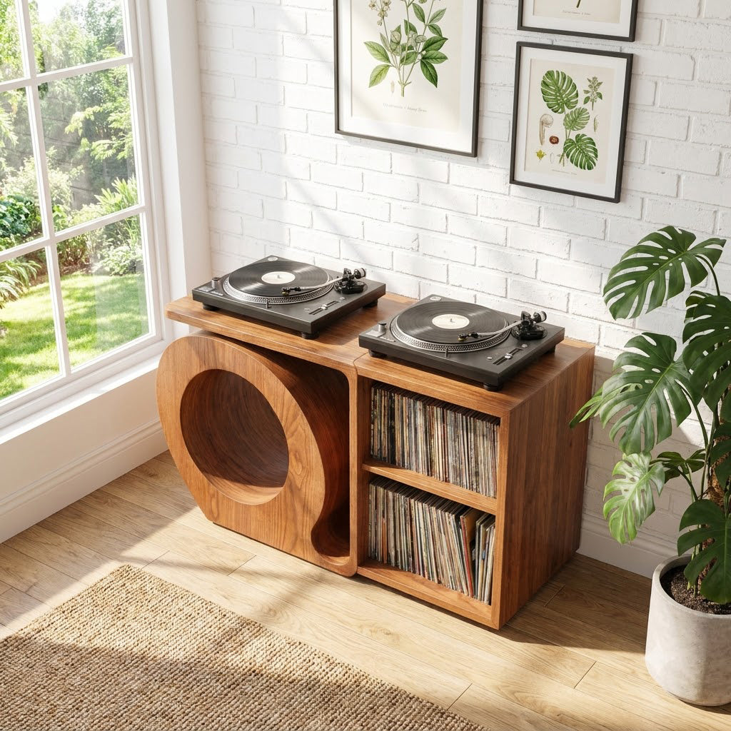 Sculptural Handcrafted Solid Wood Vinyl Record Storage Console With Circular Tunnel Base