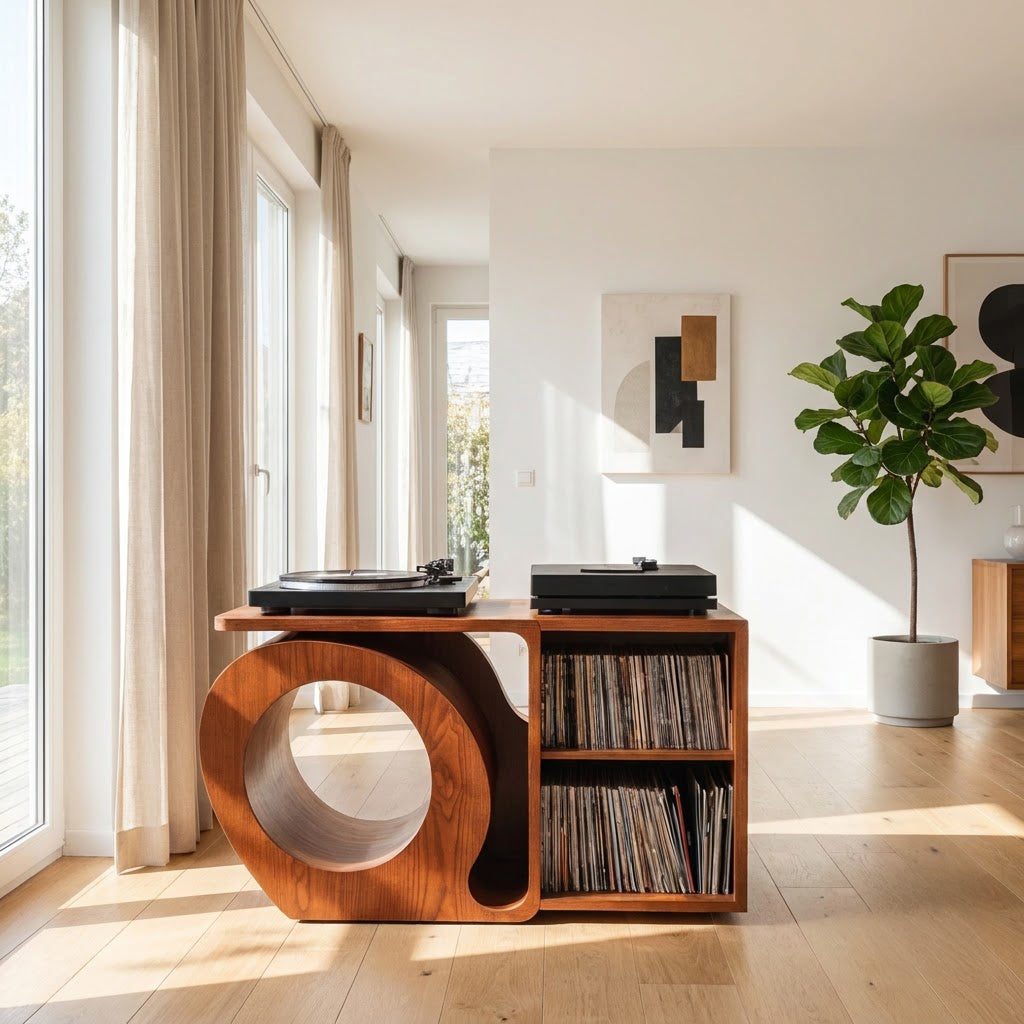 Sculptural Handcrafted Solid Wood Vinyl Record Storage Console With Circular Tunnel Base