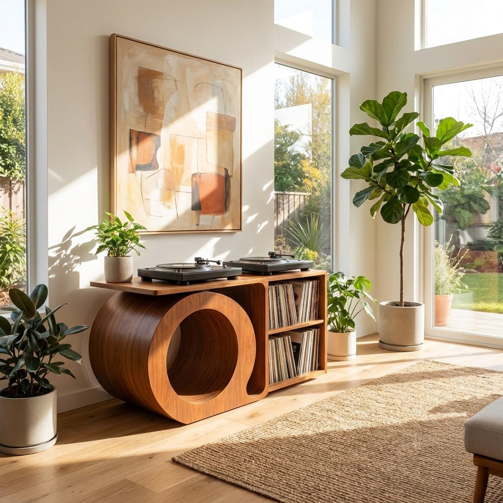 Sculptural Handcrafted Solid Wood Vinyl Record Storage Console With Circular Tunnel Base