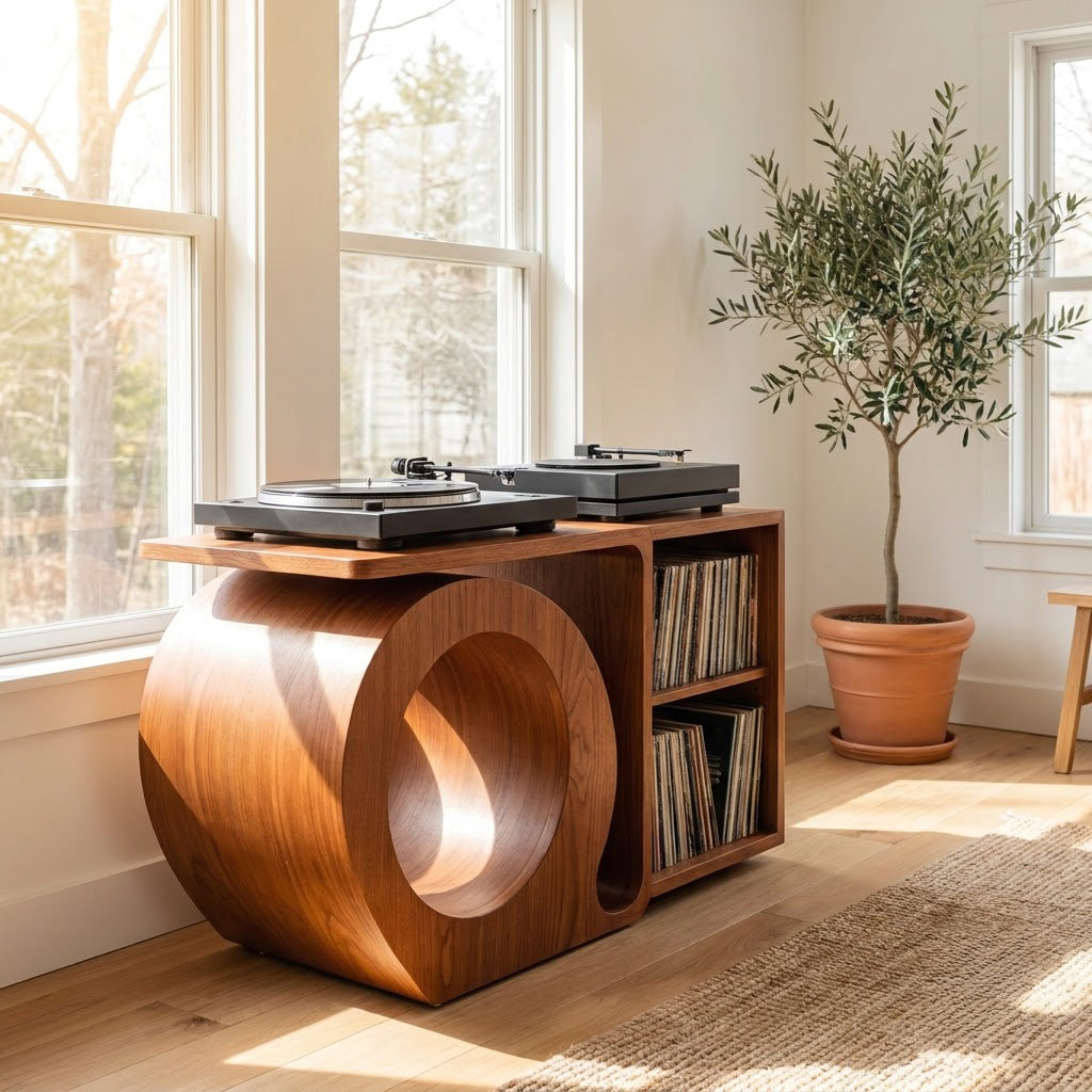 Sculptural Handcrafted Solid Wood Vinyl Record Storage Console With Circular Tunnel Base