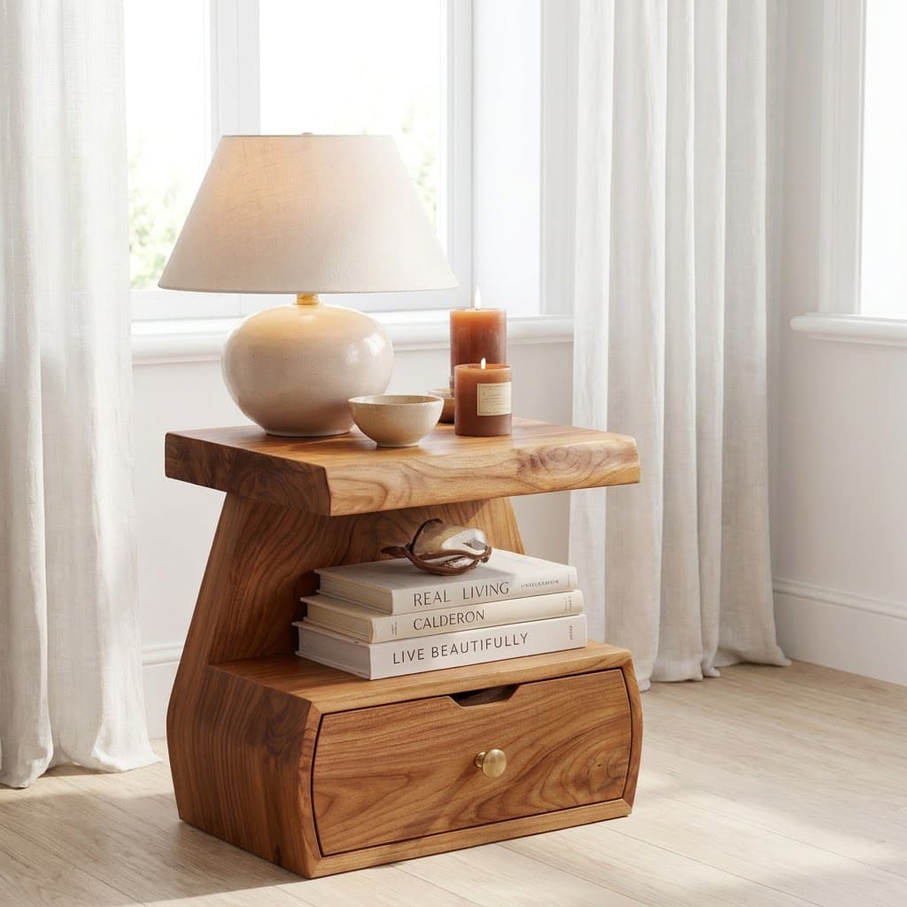 Sculptural Handcrafted Stepped Solid Wood Nightstand & Bedside Table With Storage Drawer