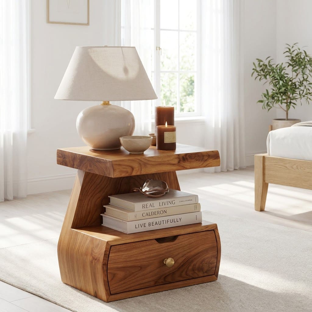 Sculptural Handcrafted Stepped Solid Wood Nightstand & Bedside Table With Storage Drawer