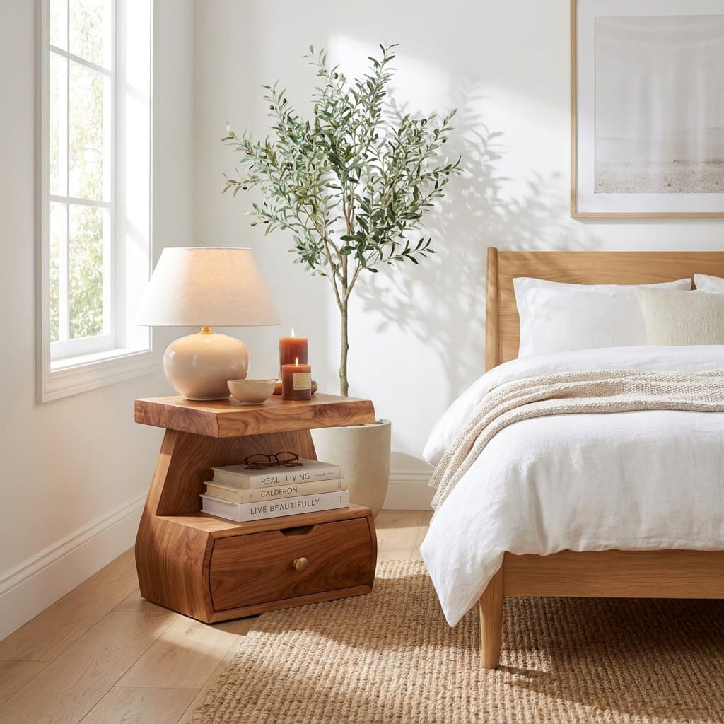 Sculptural Handcrafted Stepped Solid Wood Nightstand & Bedside Table With Storage Drawer