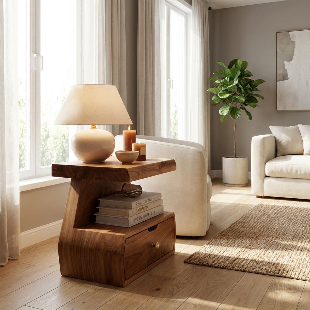 Sculptural Handcrafted Stepped Solid Wood Nightstand & Bedside Table With Storage Drawer
