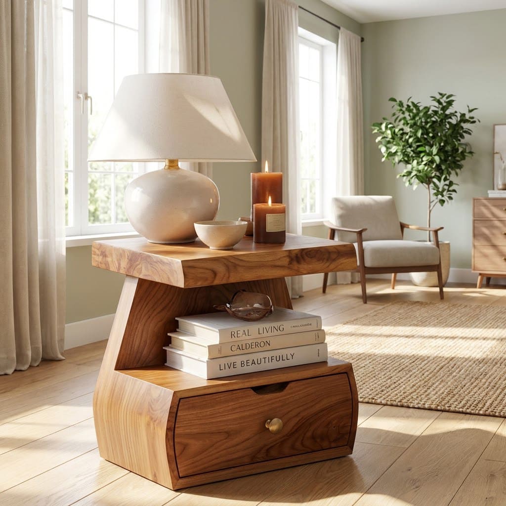 Sculptural Handcrafted Stepped Solid Wood Nightstand & Bedside Table With Storage Drawer
