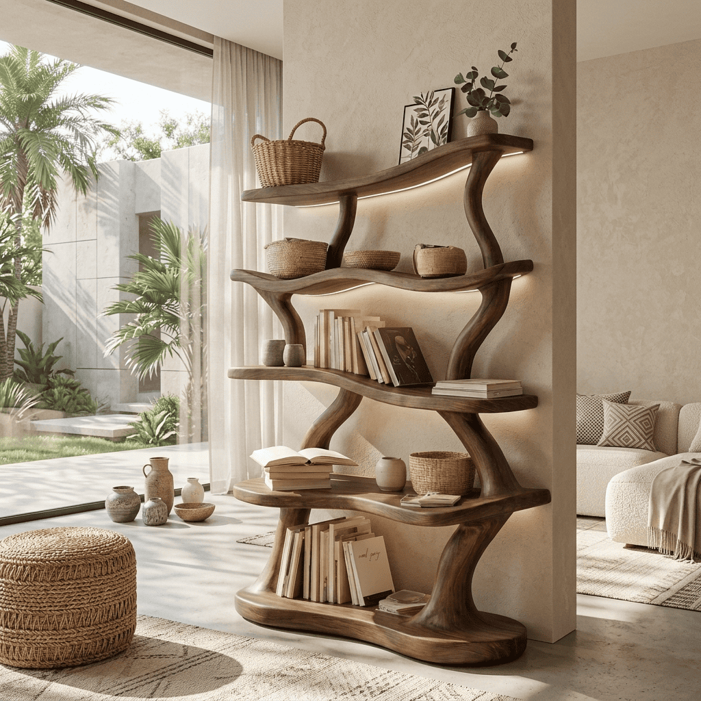 Sculptural Handcrafted Wave Solid Wood 5-Tier Bookshelf With Integrated LED Illumination