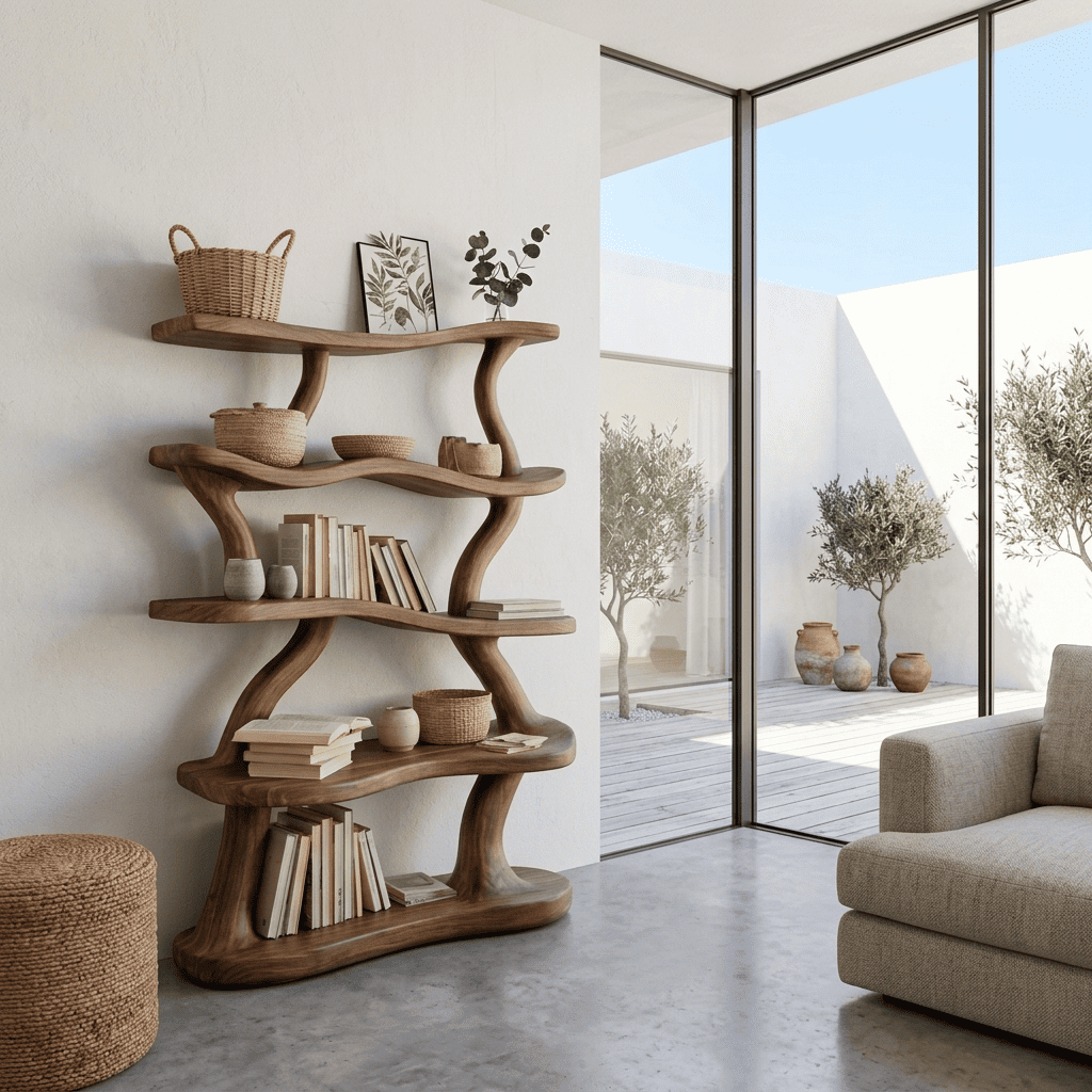 Sculptural Handcrafted Wave Solid Wood 5-Tier Bookshelf With Integrated LED Illumination