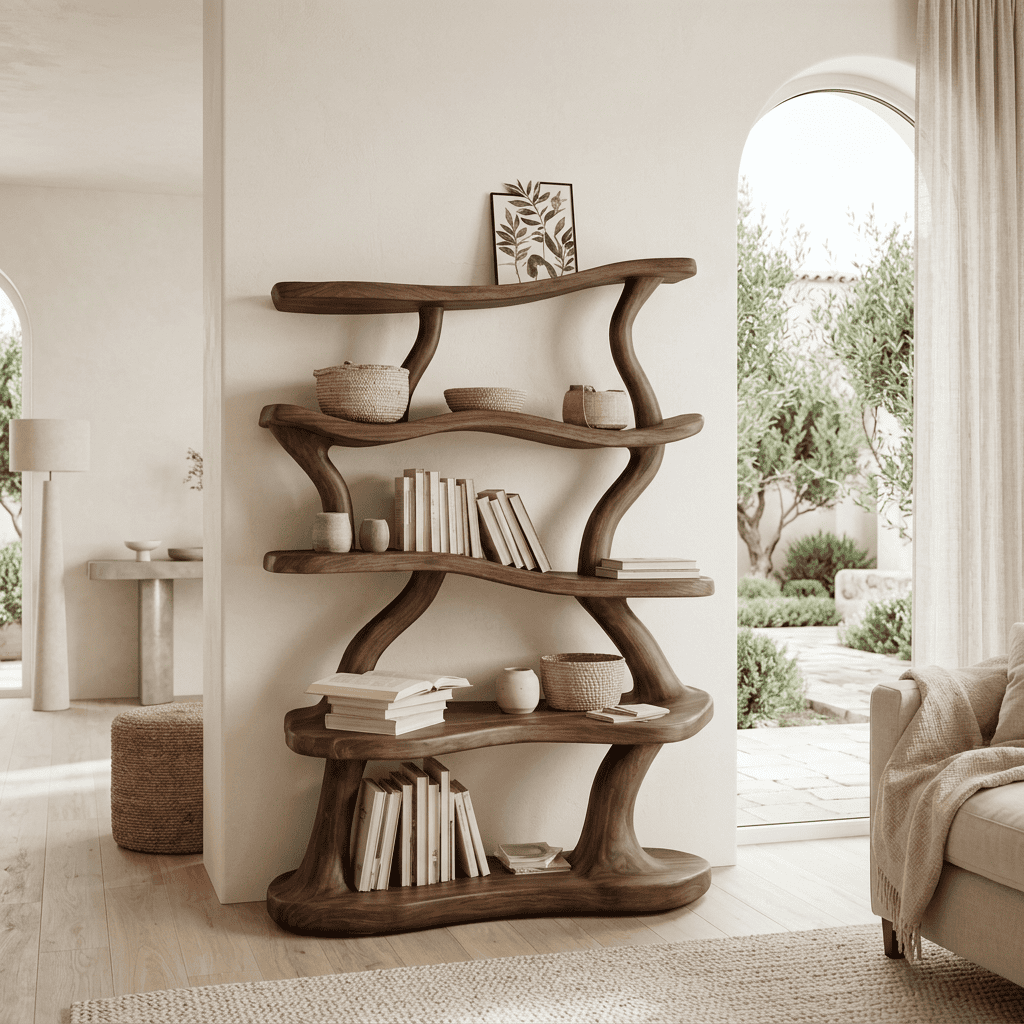 Sculptural Handcrafted Wave Solid Wood 5-Tier Bookshelf With Integrated LED Illumination