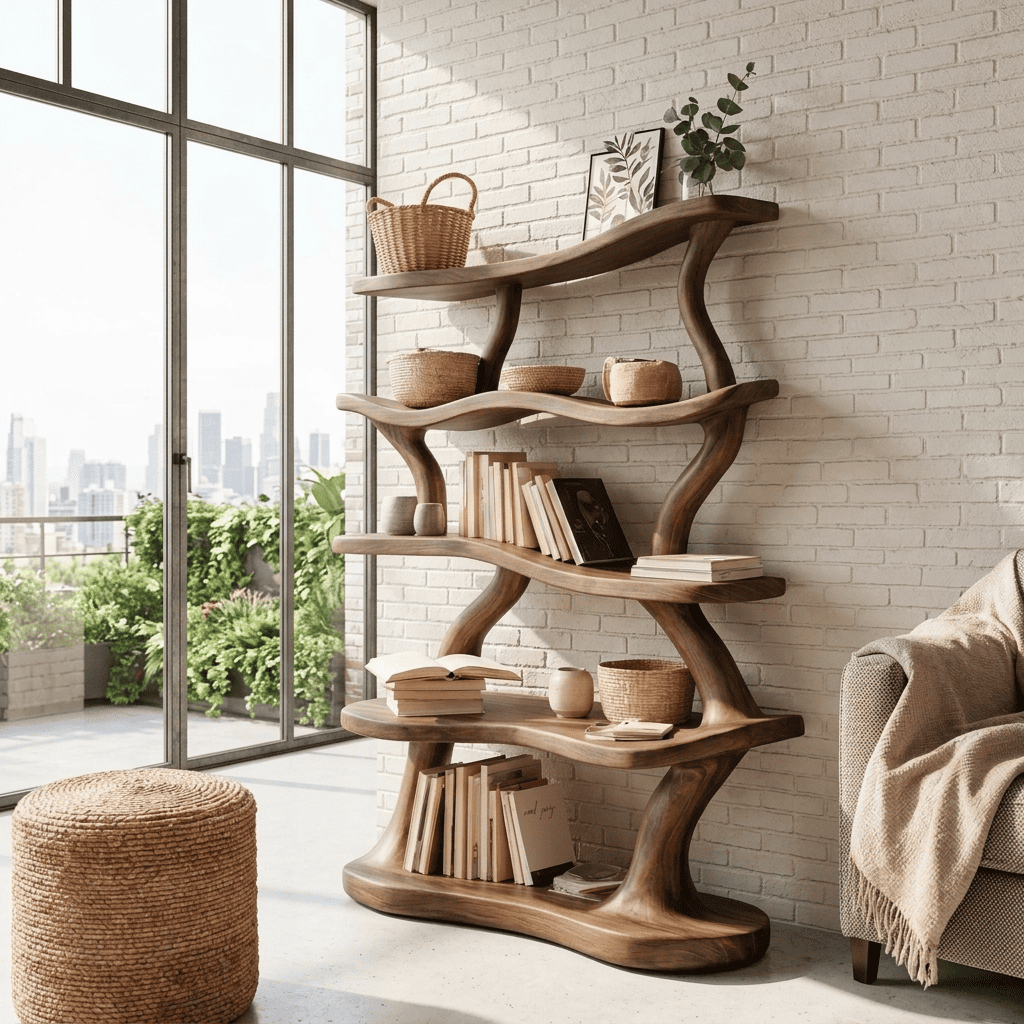 Sculptural Handcrafted Wave Solid Wood 5-Tier Bookshelf With Integrated LED Illumination