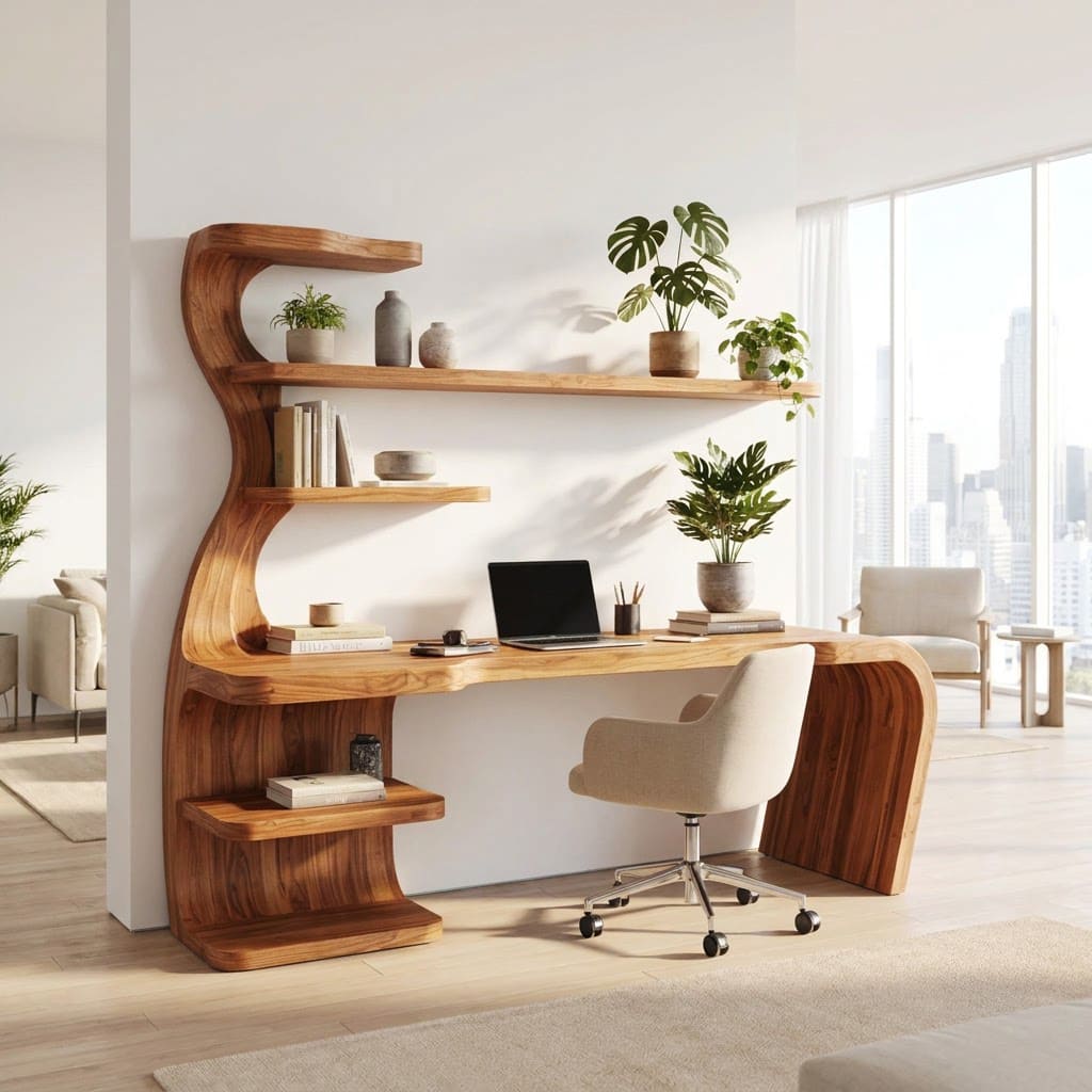 Sculptural Handcrafted Wave Solid Wood Executive Desk With Integrated Bookshelf Hutch