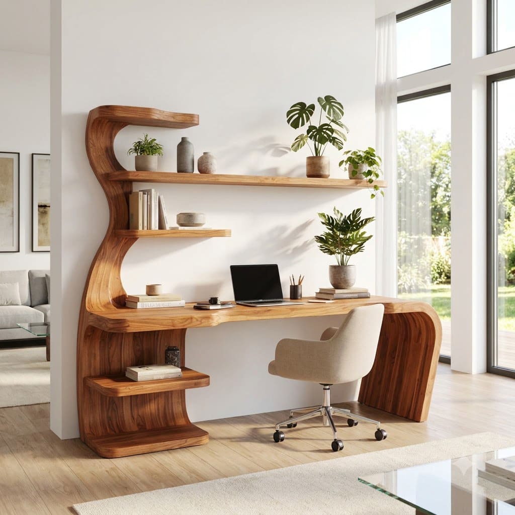 Sculptural Handcrafted Wave Solid Wood Executive Desk With Integrated Bookshelf Hutch
