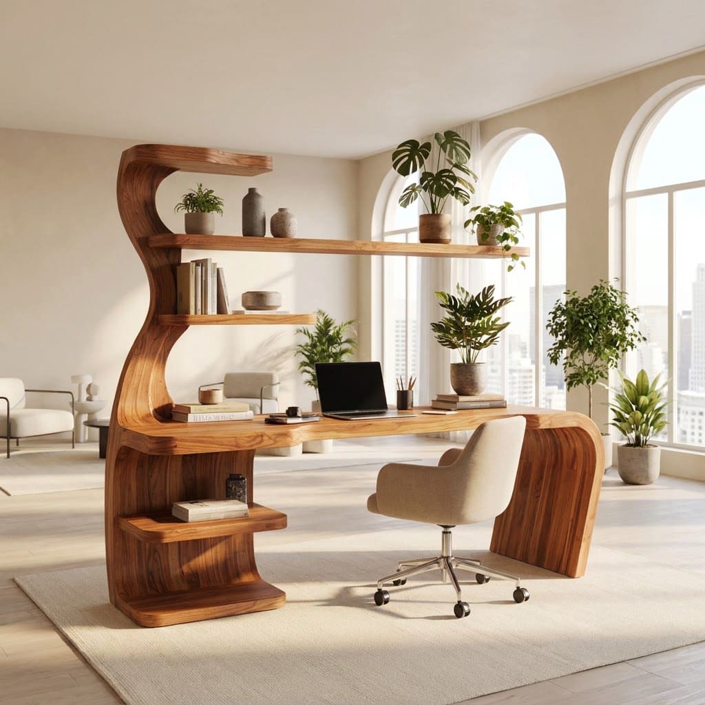 Sculptural Handcrafted Wave Solid Wood Executive Desk With Integrated Bookshelf Hutch