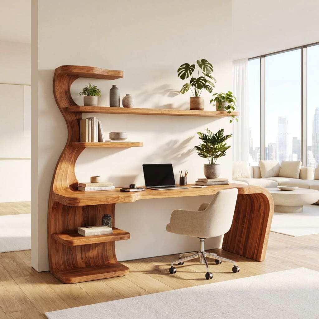 Sculptural Handcrafted Wave Solid Wood Executive Desk With Integrated Bookshelf Hutch