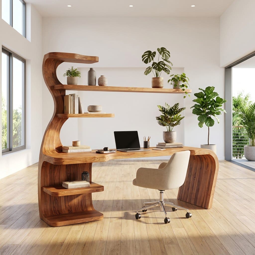 Sculptural Handcrafted Wave Solid Wood Executive Desk With Integrated Bookshelf Hutch