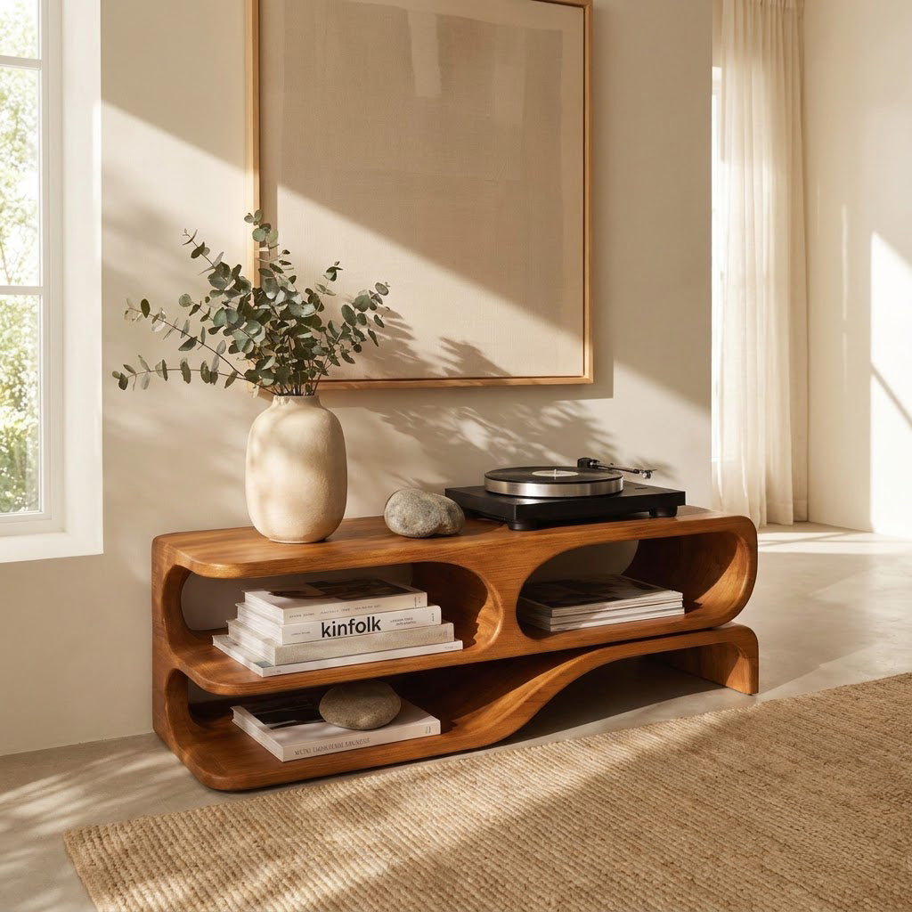 Sculptural Handcrafted Wave Solid Wood Turntable Stand & Low-Profile Audio Console