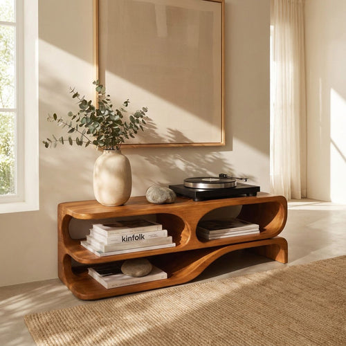 Sculptural Handcrafted Wave Solid Wood Turntable Stand & Low-Profile Audio Console