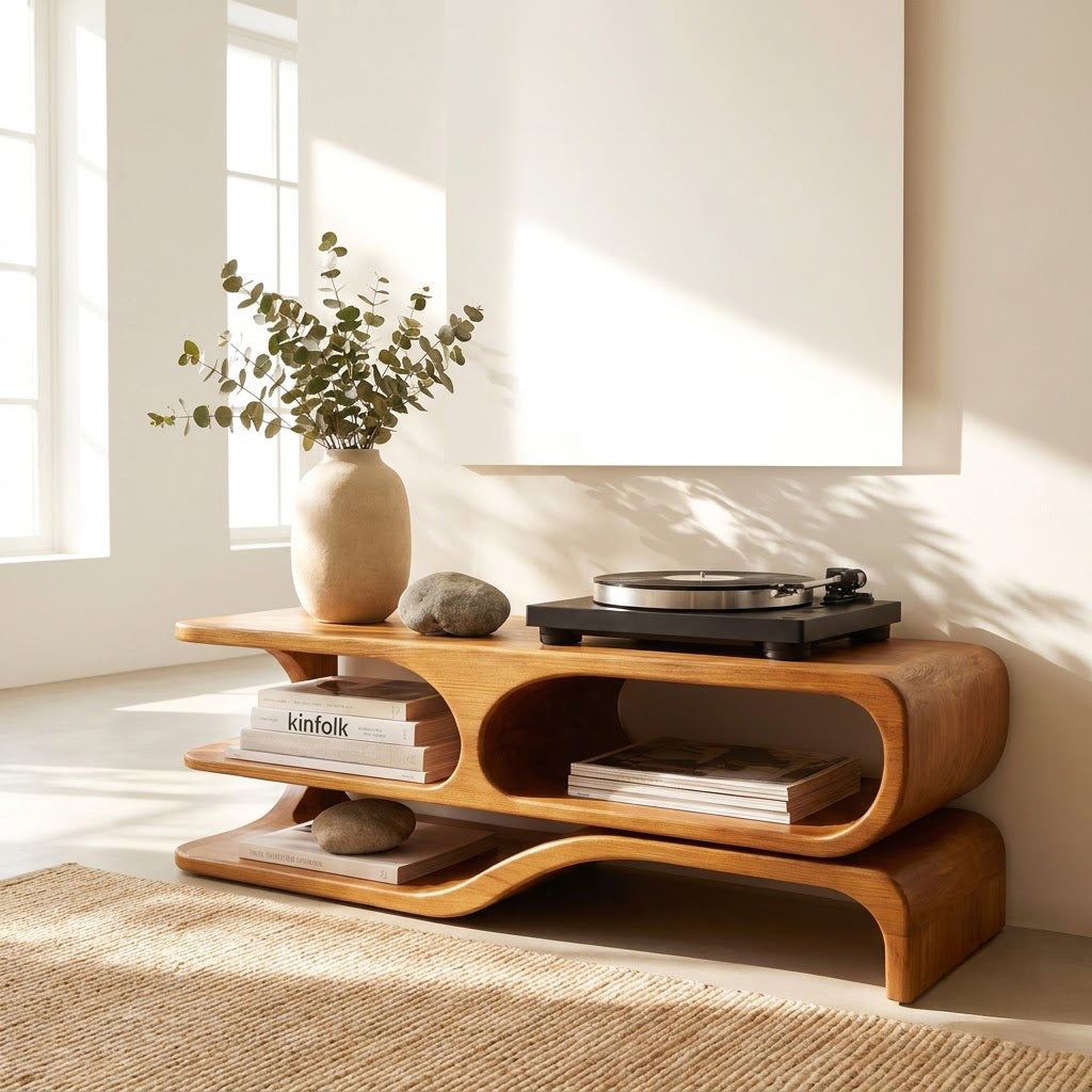 Sculptural Handcrafted Wave Solid Wood Turntable Stand & Low-Profile Audio Console