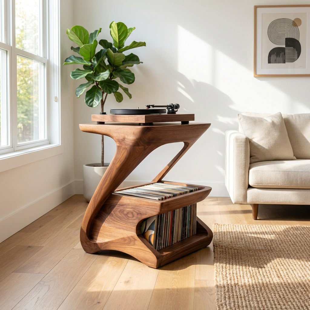 Sculptural Handcrafted Z-Shape Solid Wood Turntable Stand & 2-Tier Vinyl Record Storage Rack