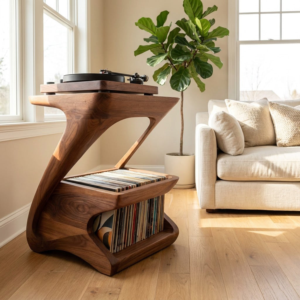 Sculptural Handcrafted Z-Shape Solid Wood Turntable Stand & 2-Tier Vinyl Record Storage Rack
