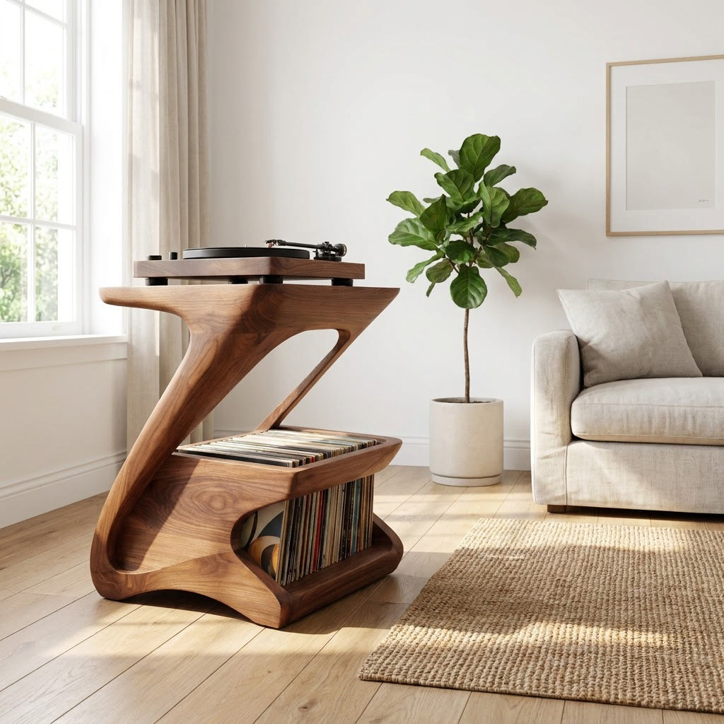Sculptural Handcrafted Z-Shape Solid Wood Turntable Stand & 2-Tier Vinyl Record Storage Rack