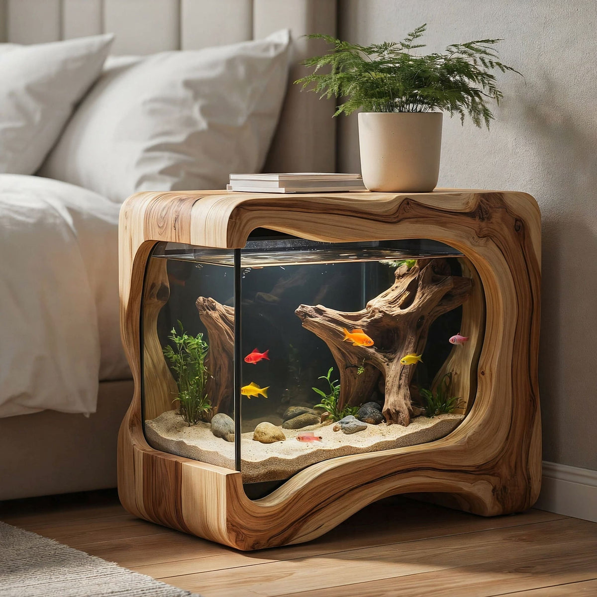 Sculptural Hollowed Solid Wood Aquarium Stand Organic Live Edge Accent Table
