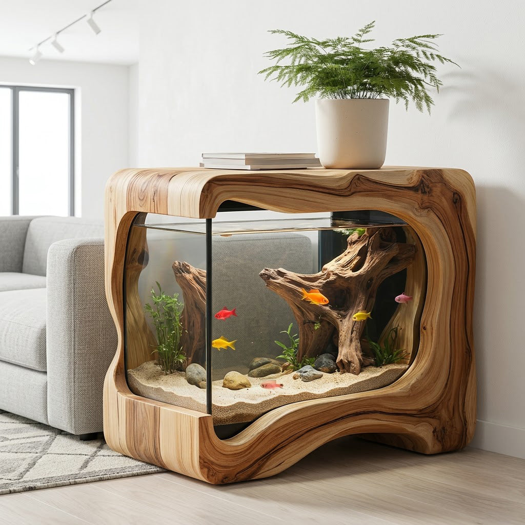 Sculptural Hollowed Solid Wood Aquarium Stand Organic Live Edge Accent Table