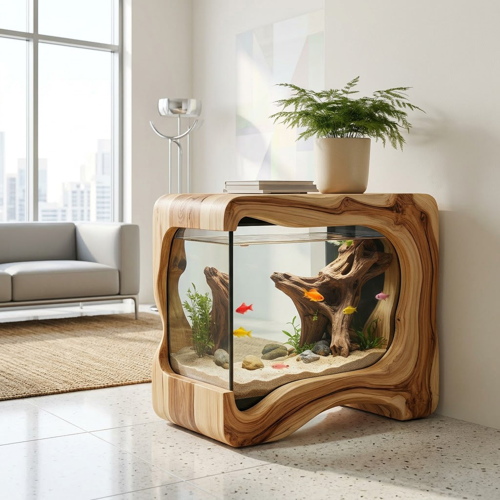 Sculptural Hollowed Solid Wood Aquarium Stand Organic Live Edge Accent Table