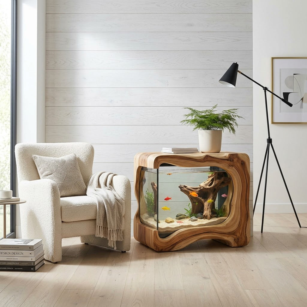 Sculptural Hollowed Solid Wood Aquarium Stand Organic Live Edge Accent Table