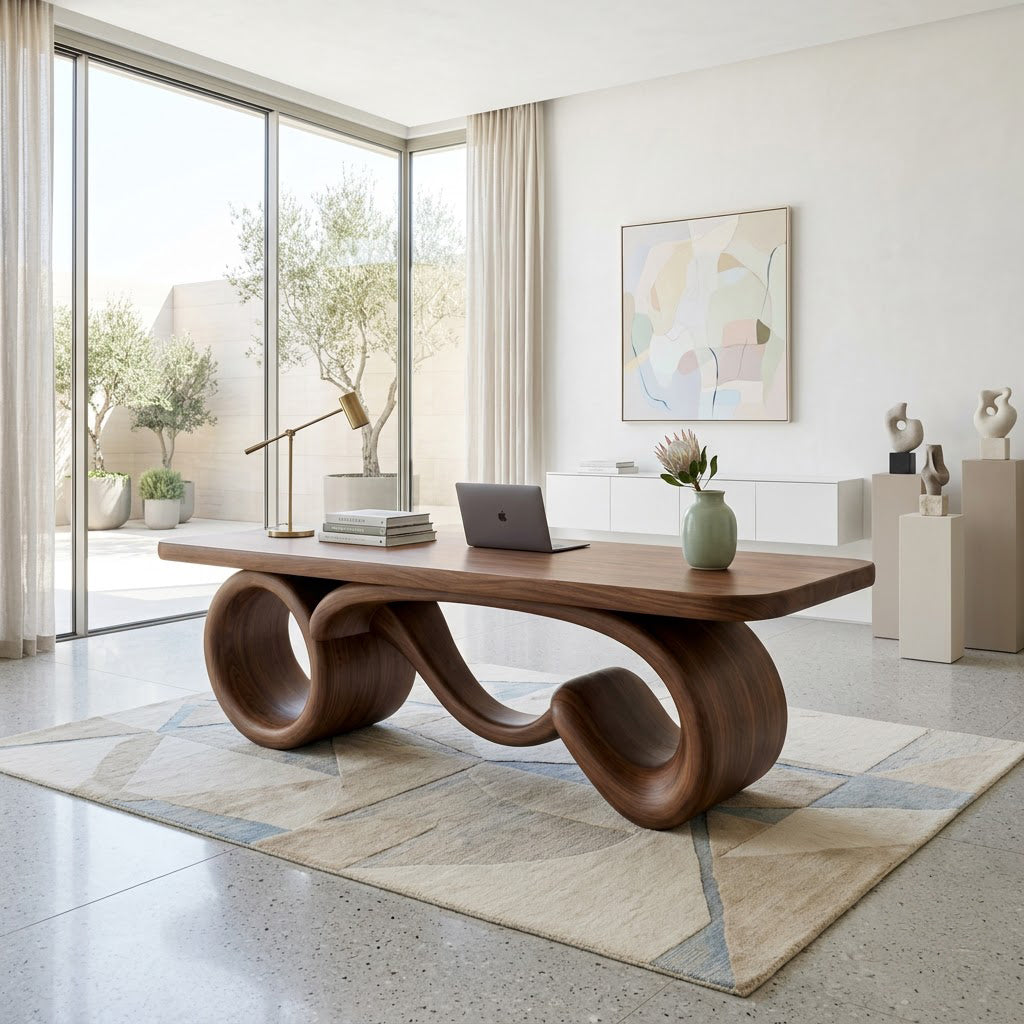 Sculptural Infinity Loop Solid Wood Executive Desk Organic Ribbon Office Table