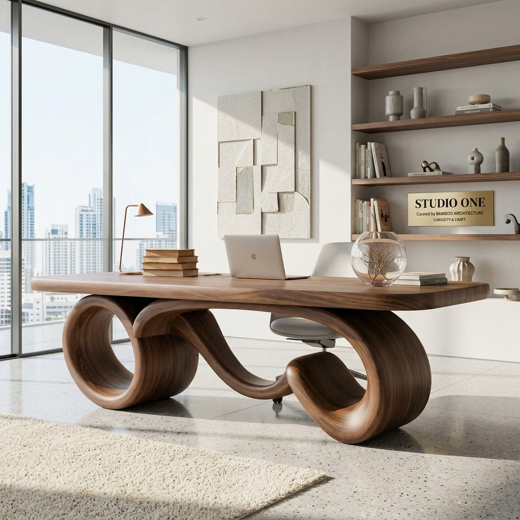 Sculptural Infinity Loop Solid Wood Executive Desk Organic Ribbon Office Table