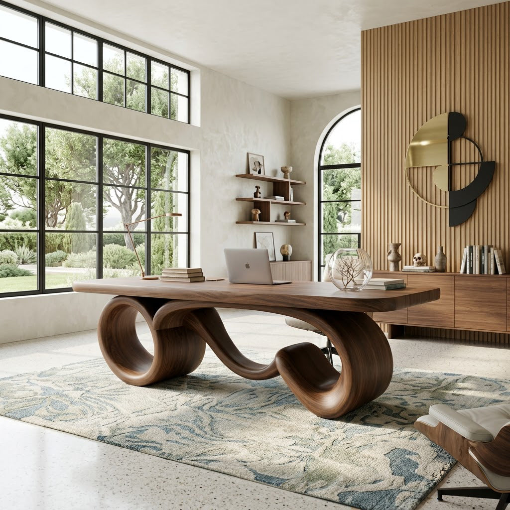 Sculptural Infinity Loop Solid Wood Executive Desk Organic Ribbon Office Table