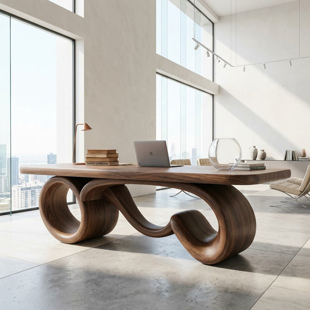 Sculptural Infinity Loop Solid Wood Executive Desk Organic Ribbon Office Table