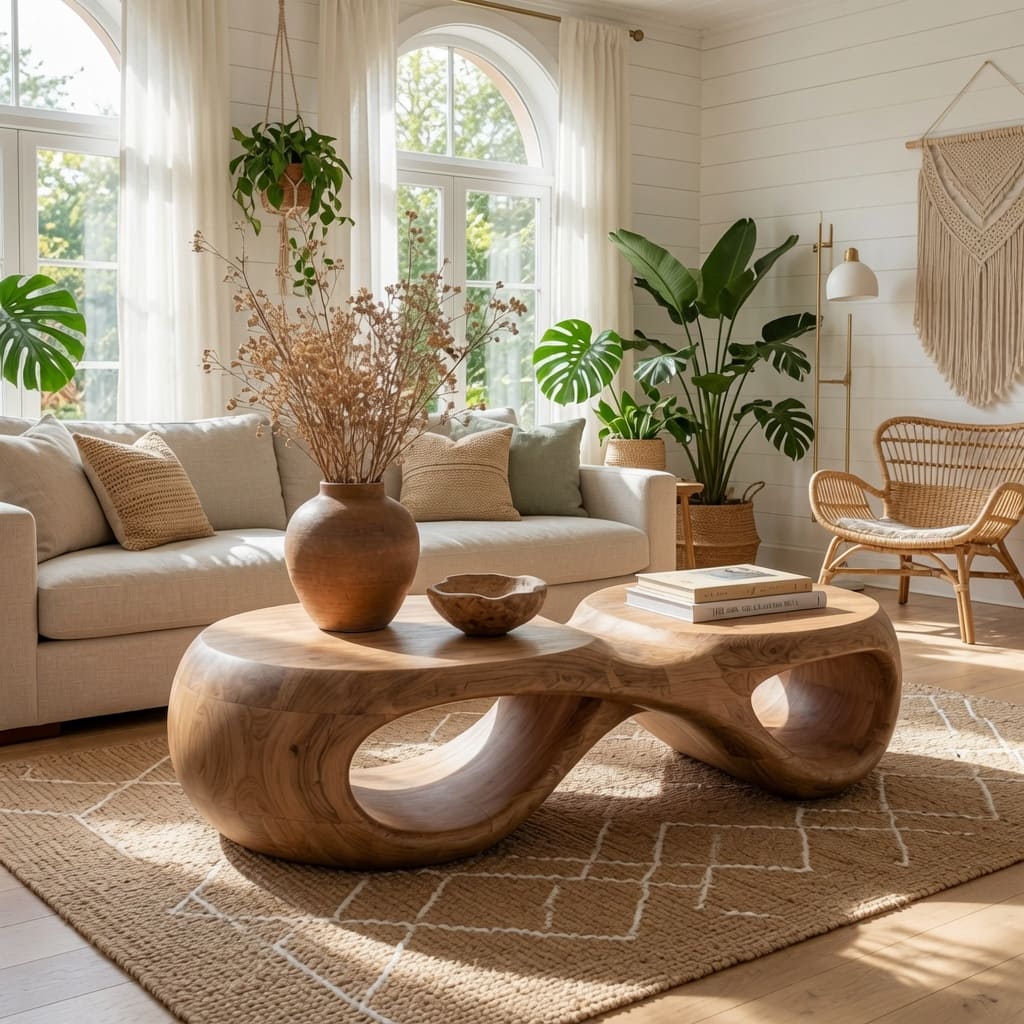 Sculptural Organic Live Edge Wood Coffee Table Biophilic Living Room Table
