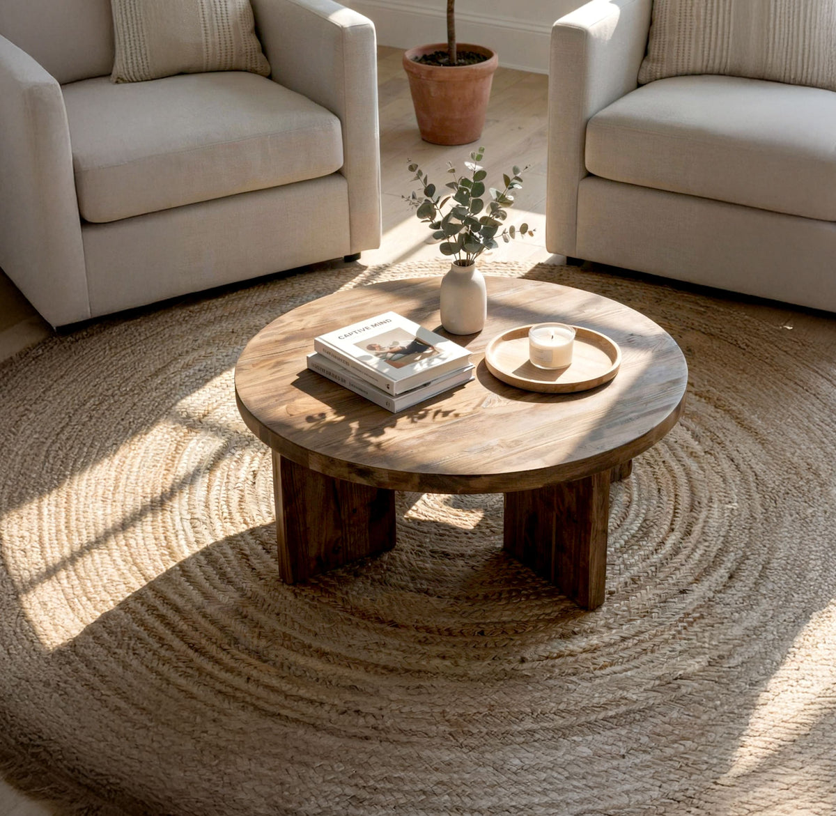 Sculptural Round Solid Wood Coffee Table