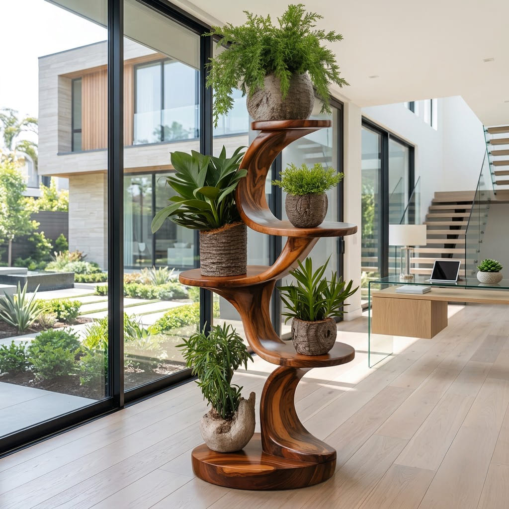 Sculptural Solid Wood Spiral Plant Stand & Tiered Botanical Display Shelf