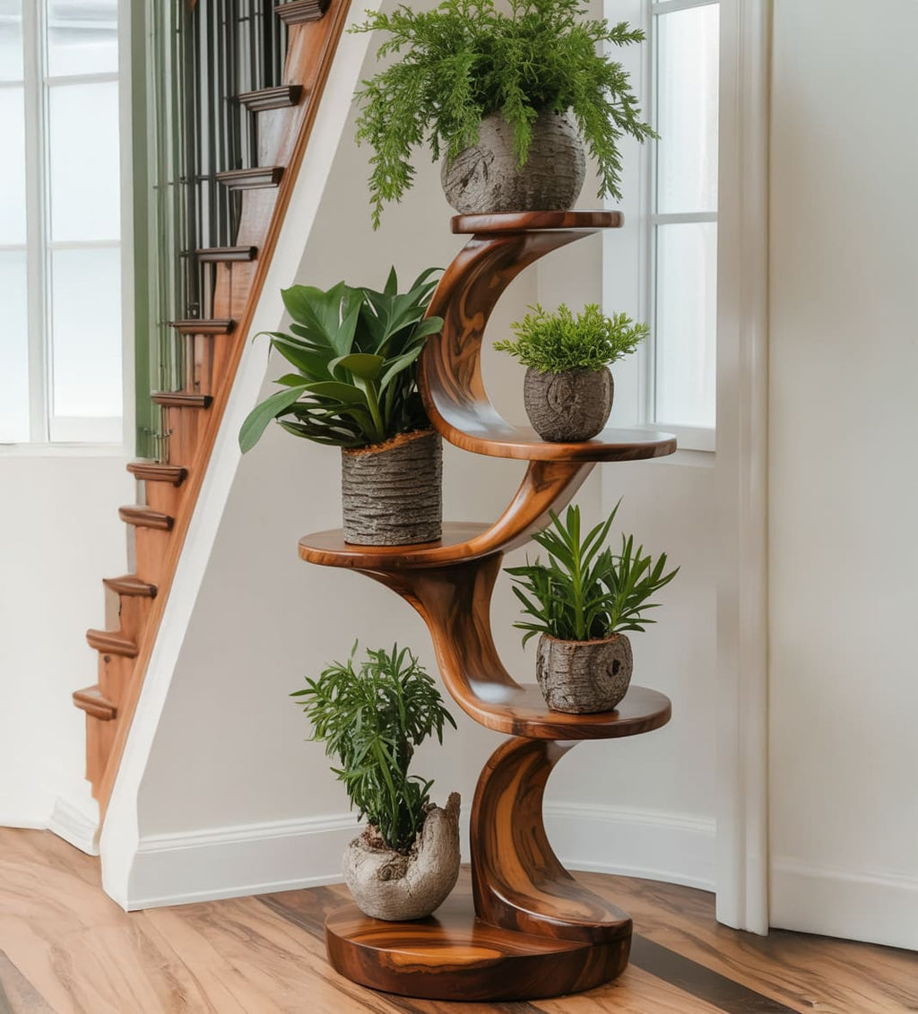 Sculptural Solid Wood Spiral Plant Stand & Tiered Botanical Display Shelf