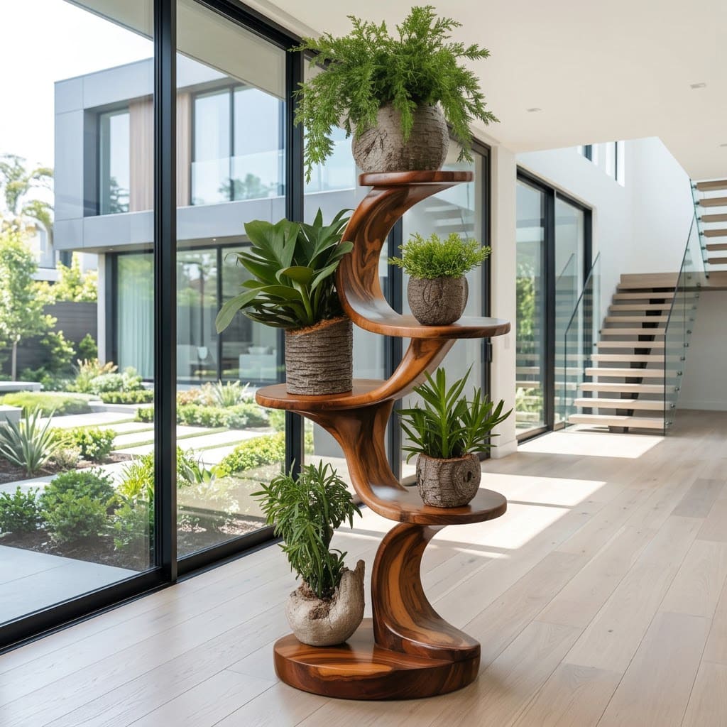 Sculptural Solid Wood Spiral Plant Stand & Tiered Botanical Display Shelf
