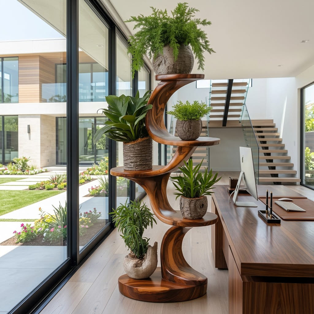 Sculptural Solid Wood Spiral Plant Stand & Tiered Botanical Display Shelf