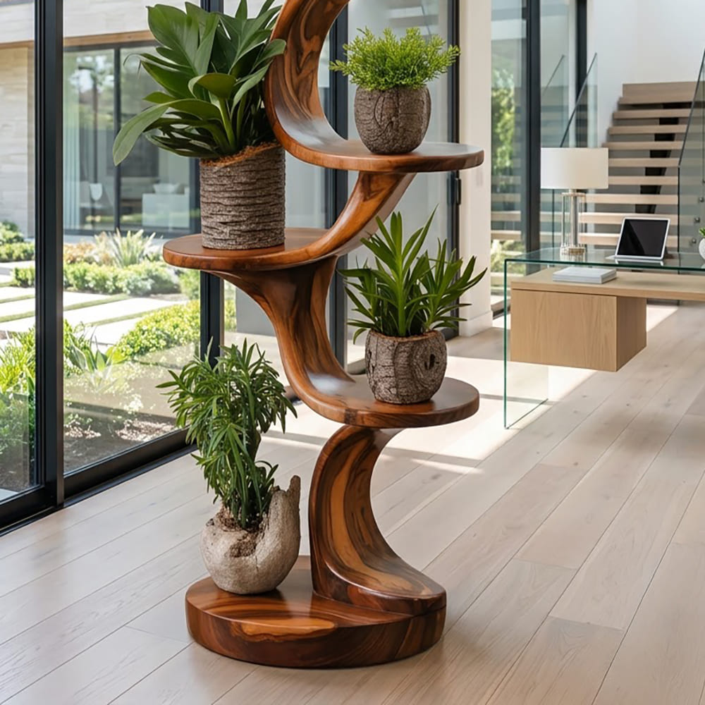 Sculptural Solid Wood Spiral Plant Stand & Tiered Botanical Display Shelf