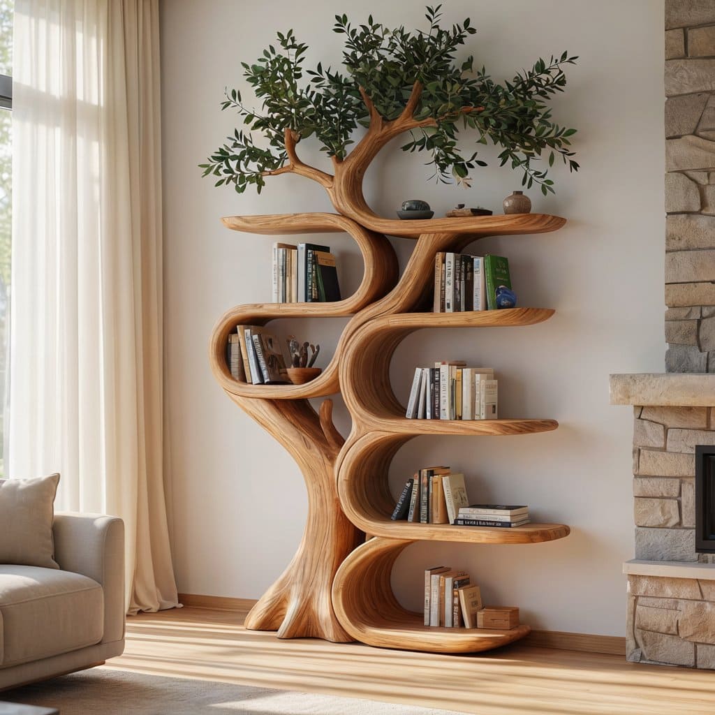 Sculptural Solid Wood Tree Bookshelf Organic Ribbon Display Bookcase