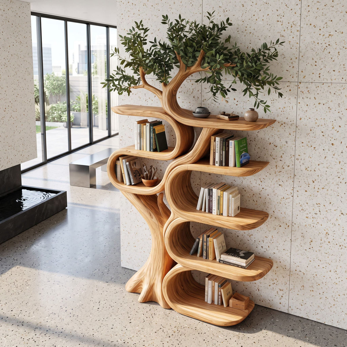 Sculptural Solid Wood Tree Bookshelf Organic Ribbon Display Bookcase