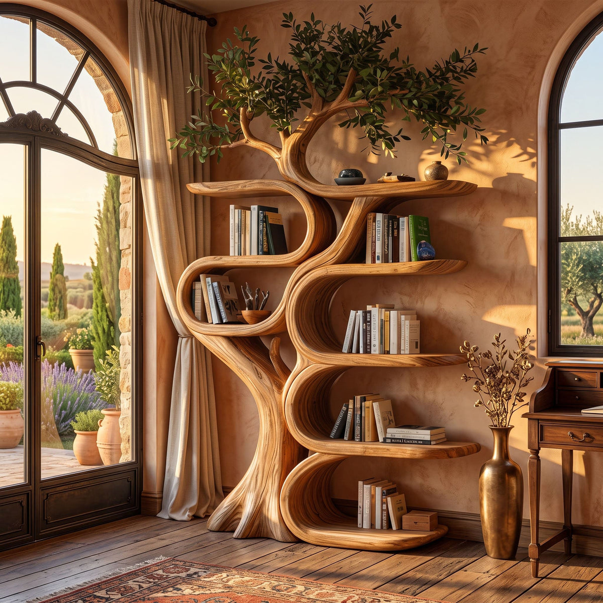 Sculptural Solid Wood Tree Bookshelf Organic Ribbon Display Bookcase